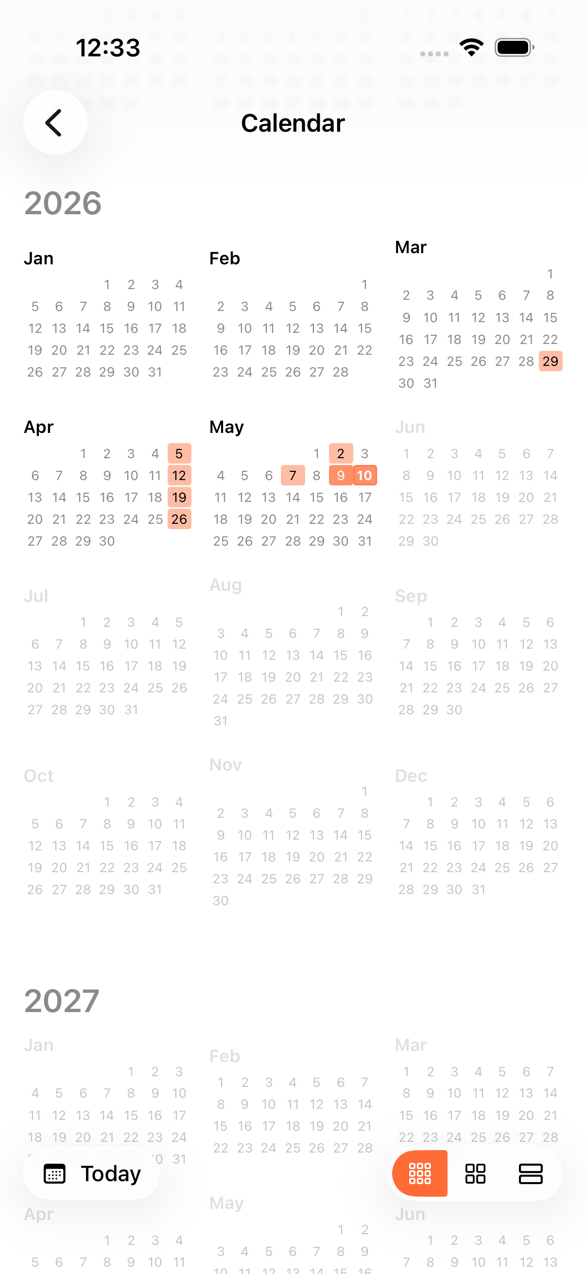 Calendar at year zoom showing 12 mini-months with activity-heat shading