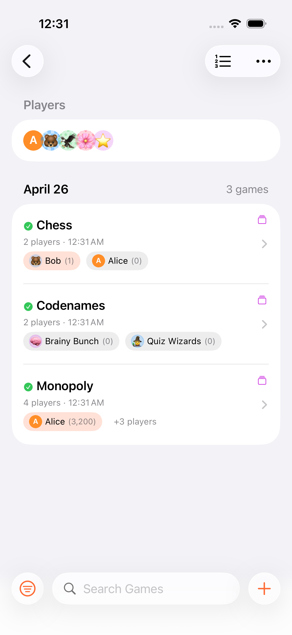 Game Night detail with the list of games played and the overall win tally
