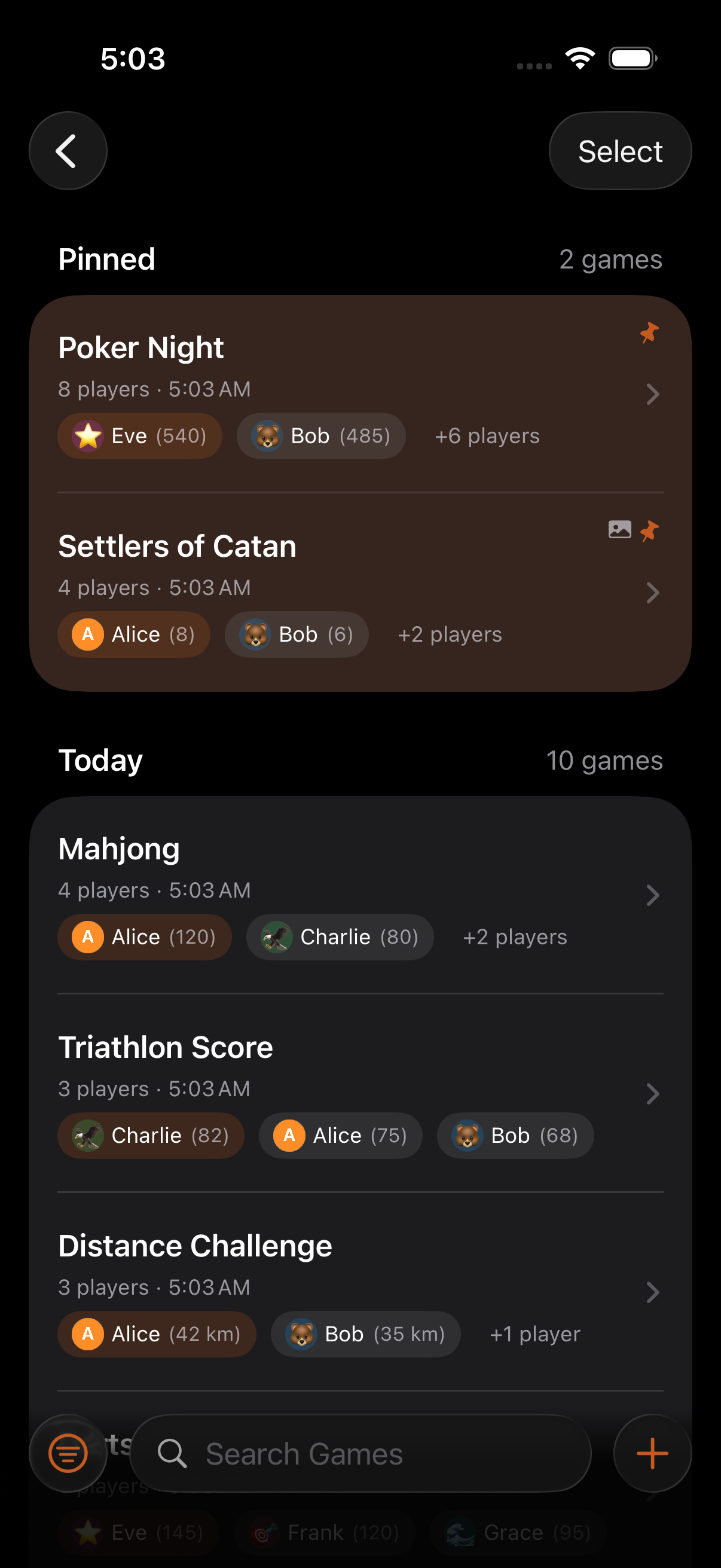 Keeping Score app showing game list with Poker Night, Catan, Darts, and Yahtzee