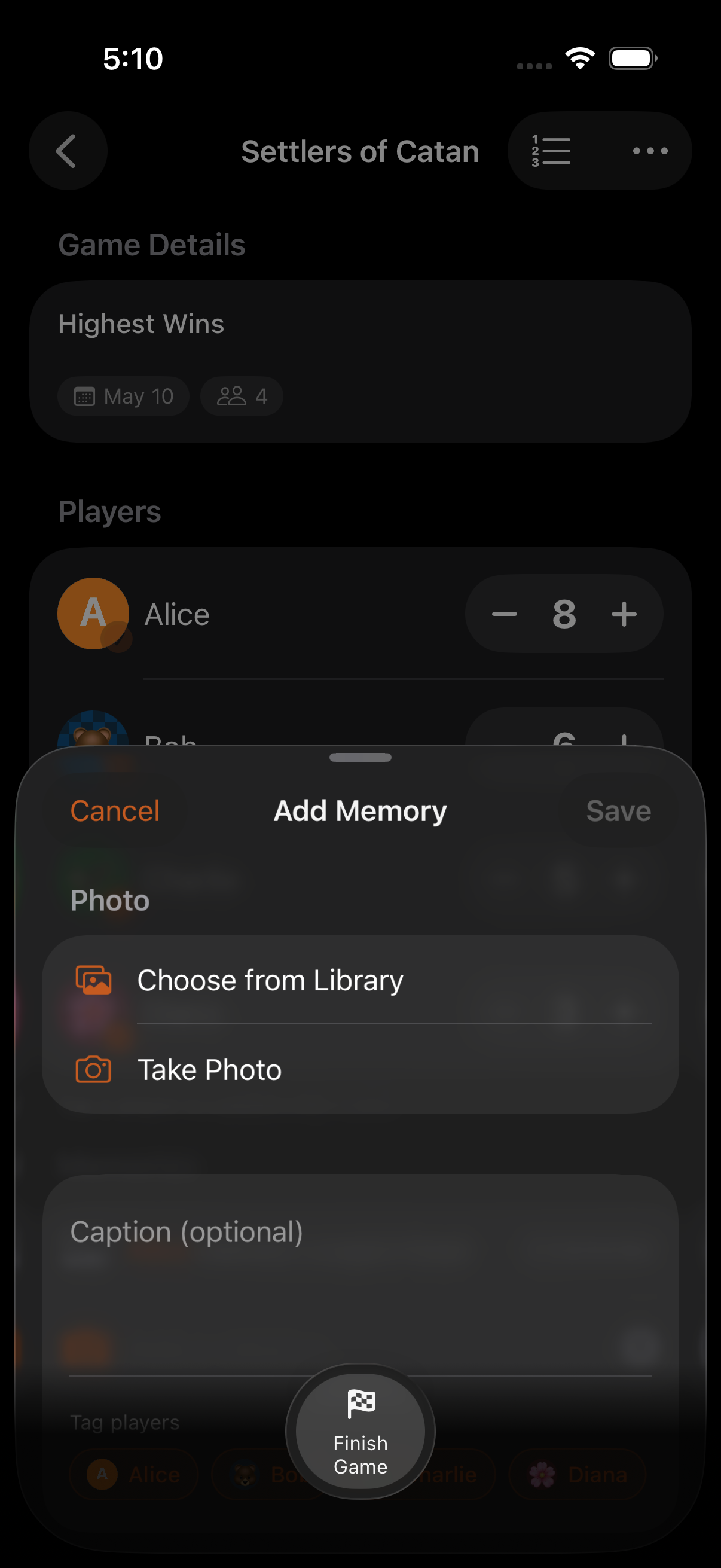 Memory capture sheet with photo, caption and player mentions attached to a finished game