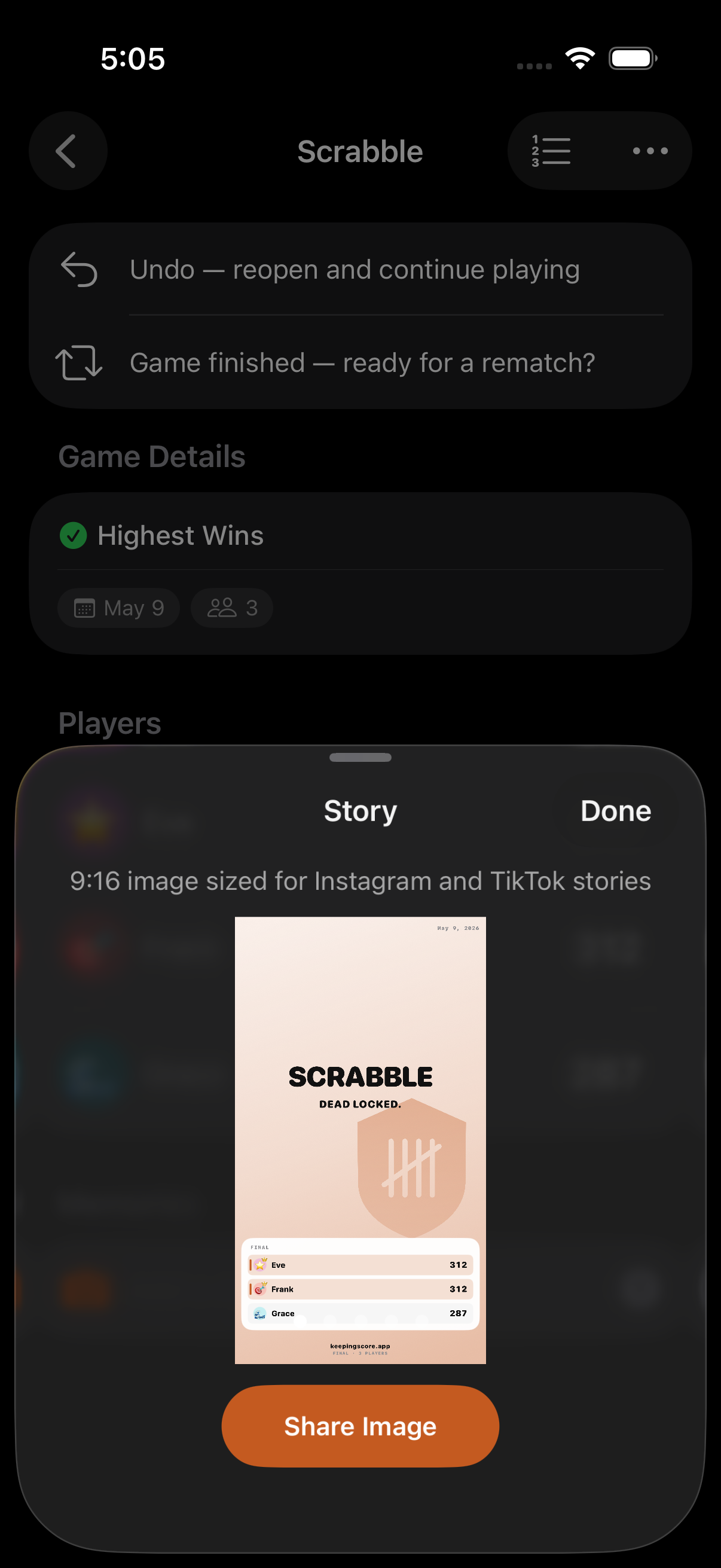Share card generated after a finished game