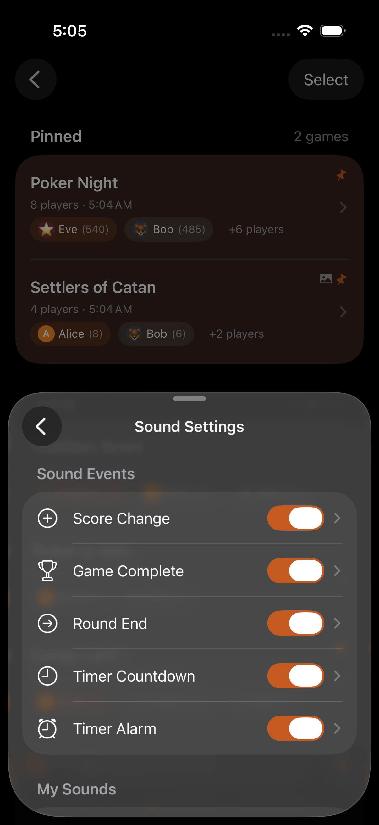 Sound settings screen with per-event toggles and the selected sound for each event