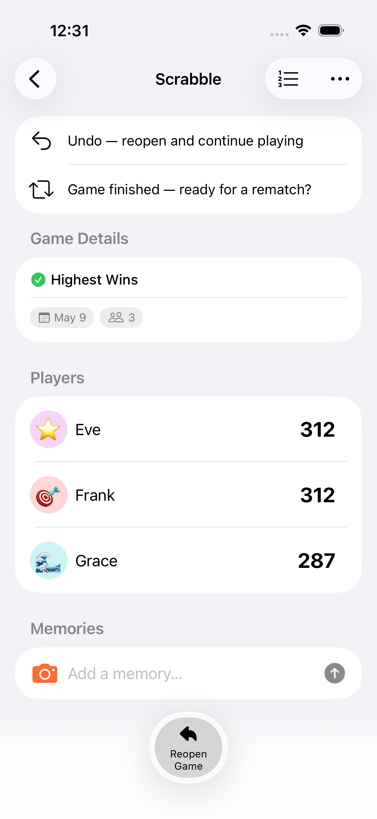 Finished game screen with final rankings and the post-game action menu