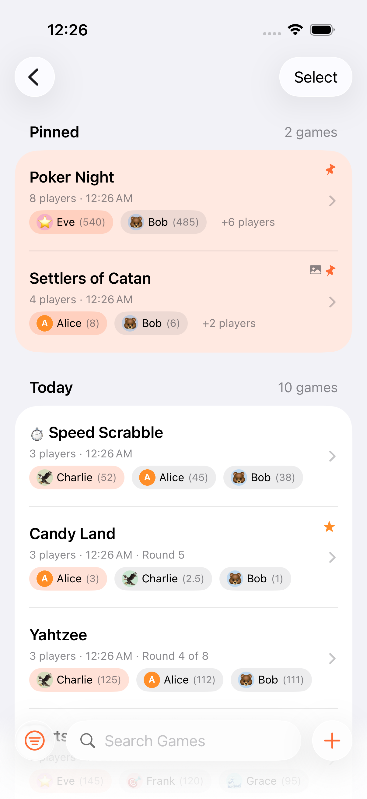 Keeping Score app showing game list with Poker Night, Catan, Darts, and Yahtzee