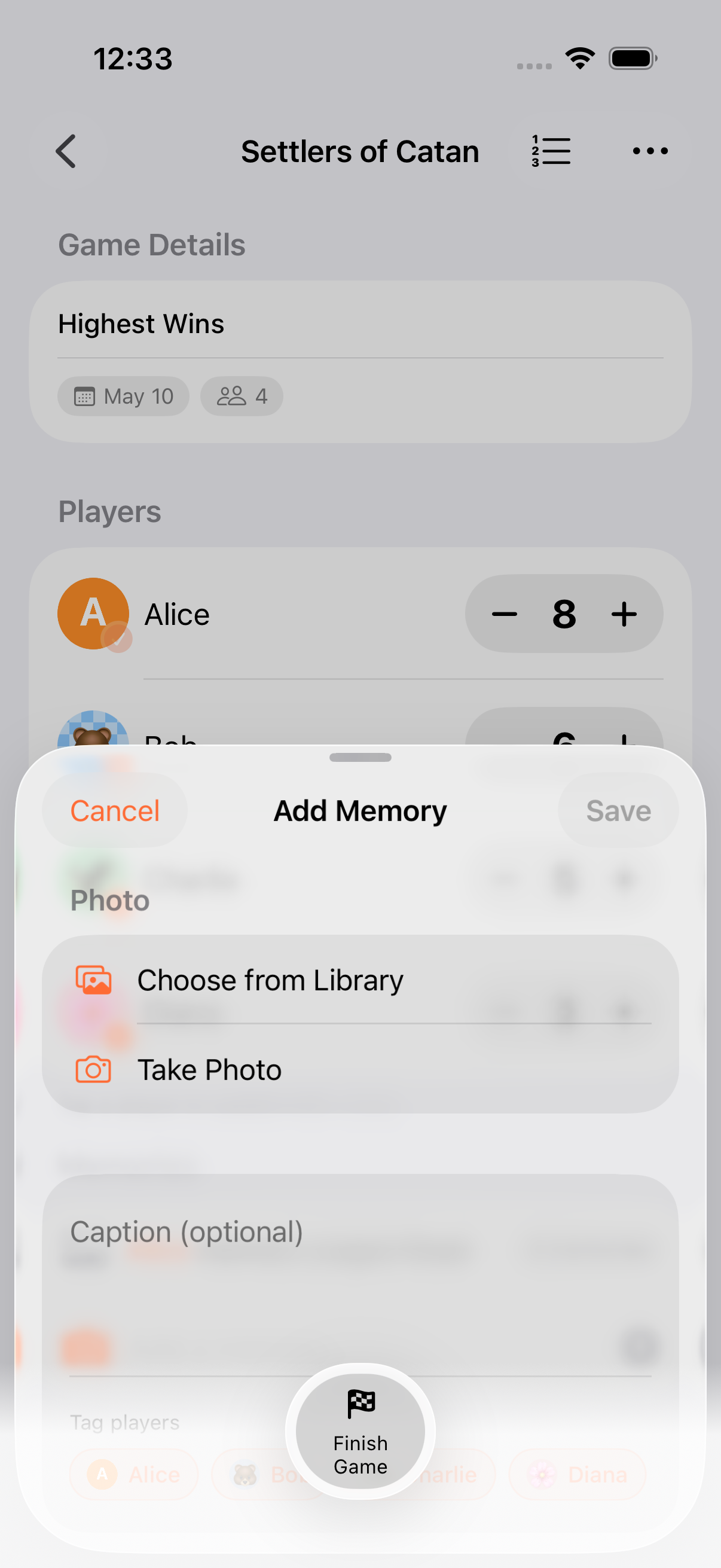 Memory capture sheet with photo, caption and player mentions attached to a finished game