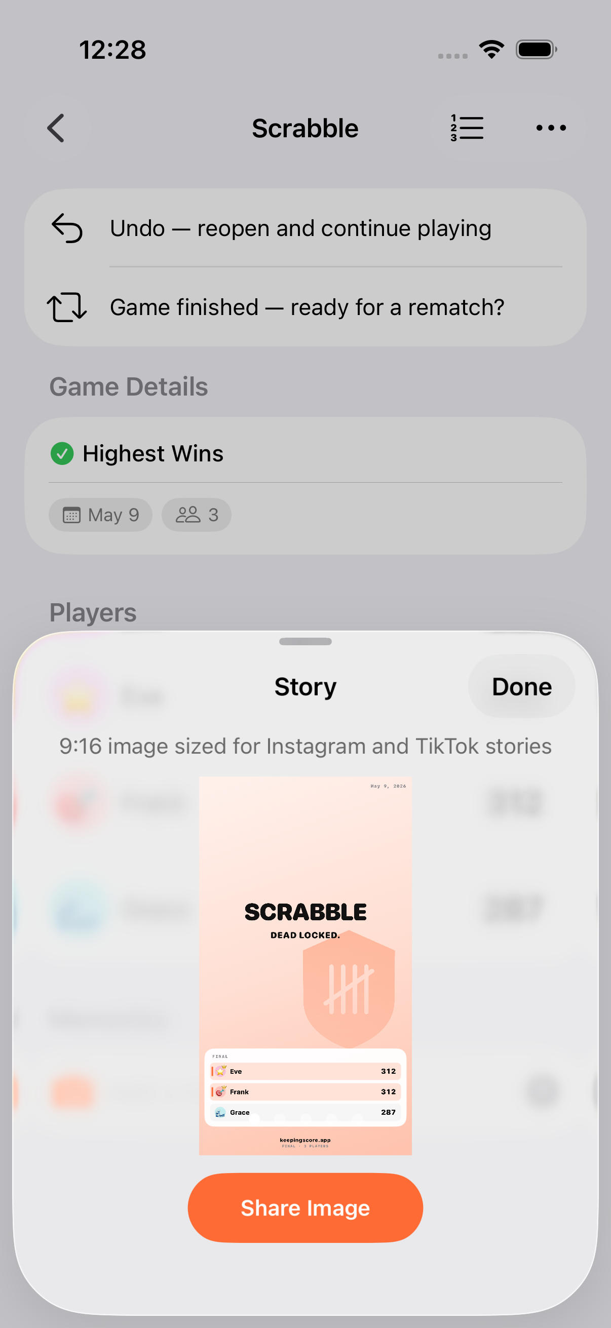 Share card generated after a finished game