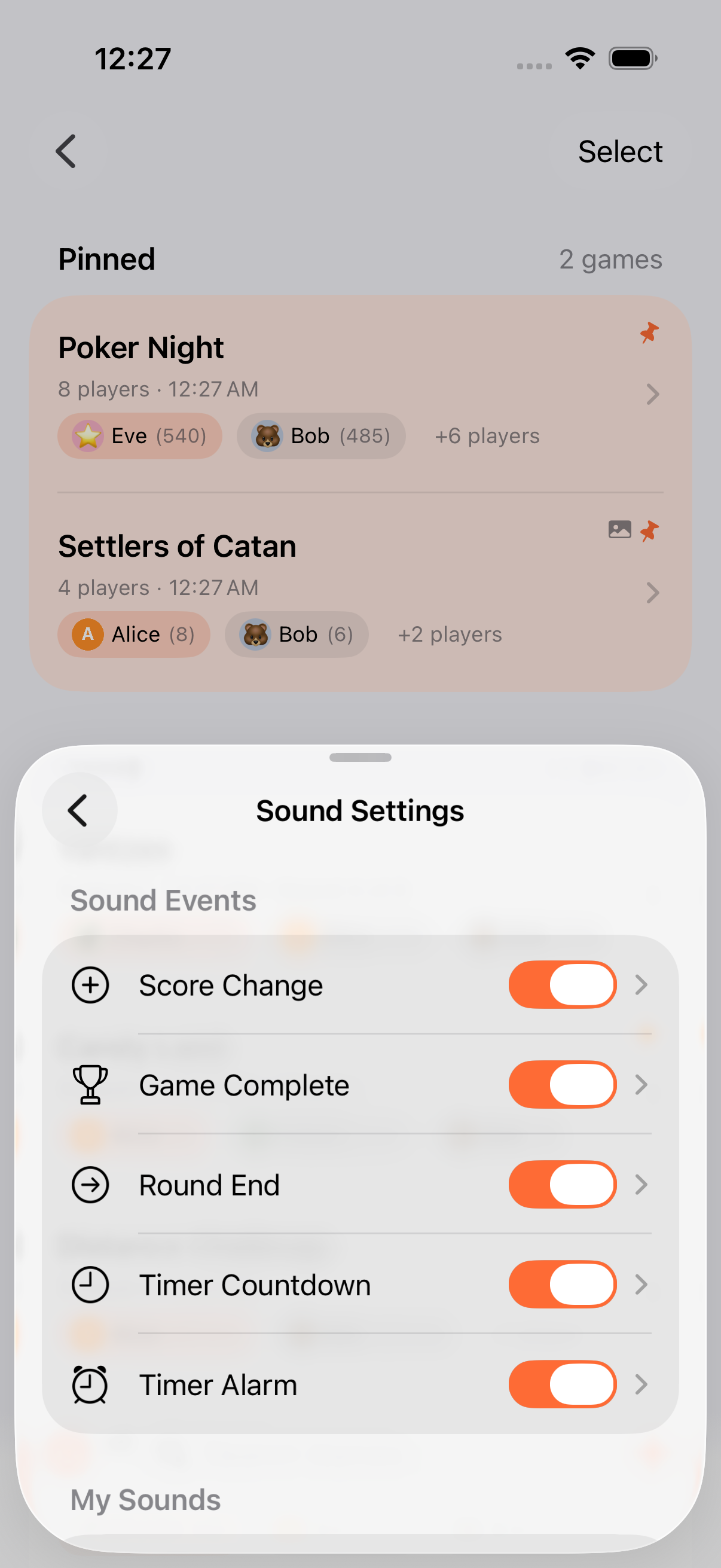 Sound settings screen with per-event toggles and the selected sound for each event