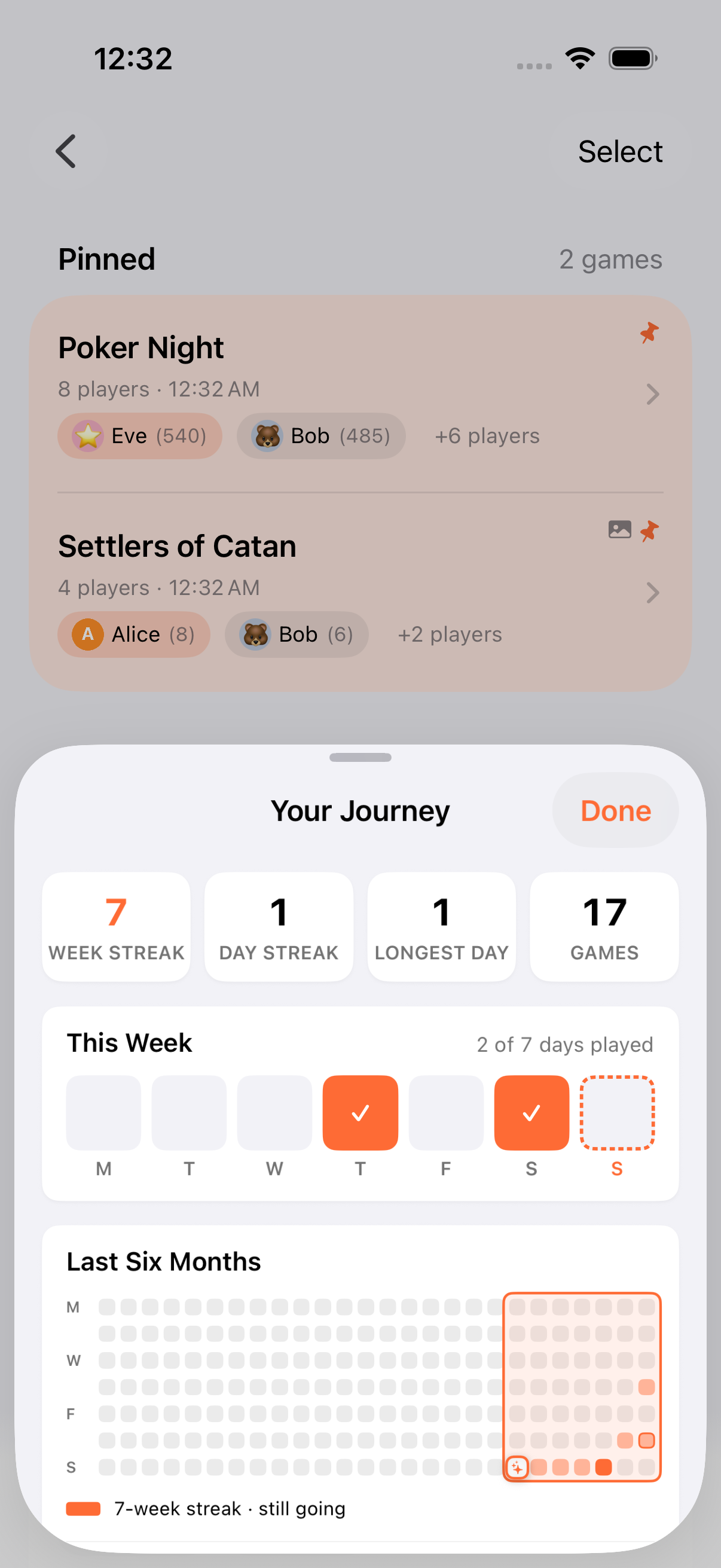 Your Journey screen with year heat-map, achievement badges, and streak history
